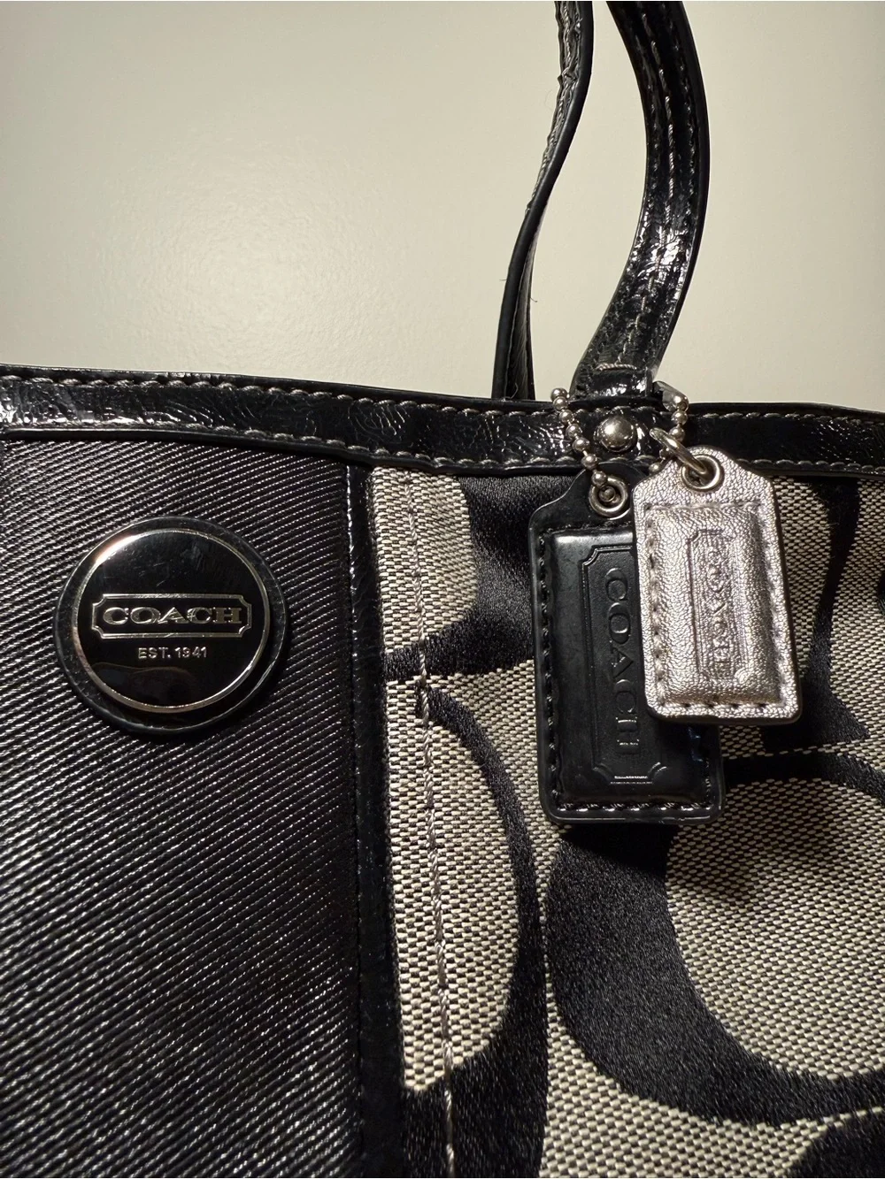 Vintage Y2K Coach Signature Stripe Small Tote Bag Black/Gray Jacquard F15112